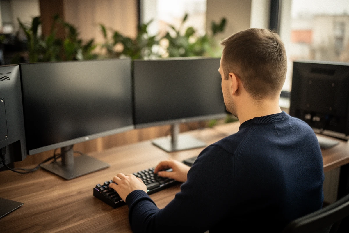 Administrator Virtline pracuje nad serwerami Linux i Windows, kadr zza ramienia