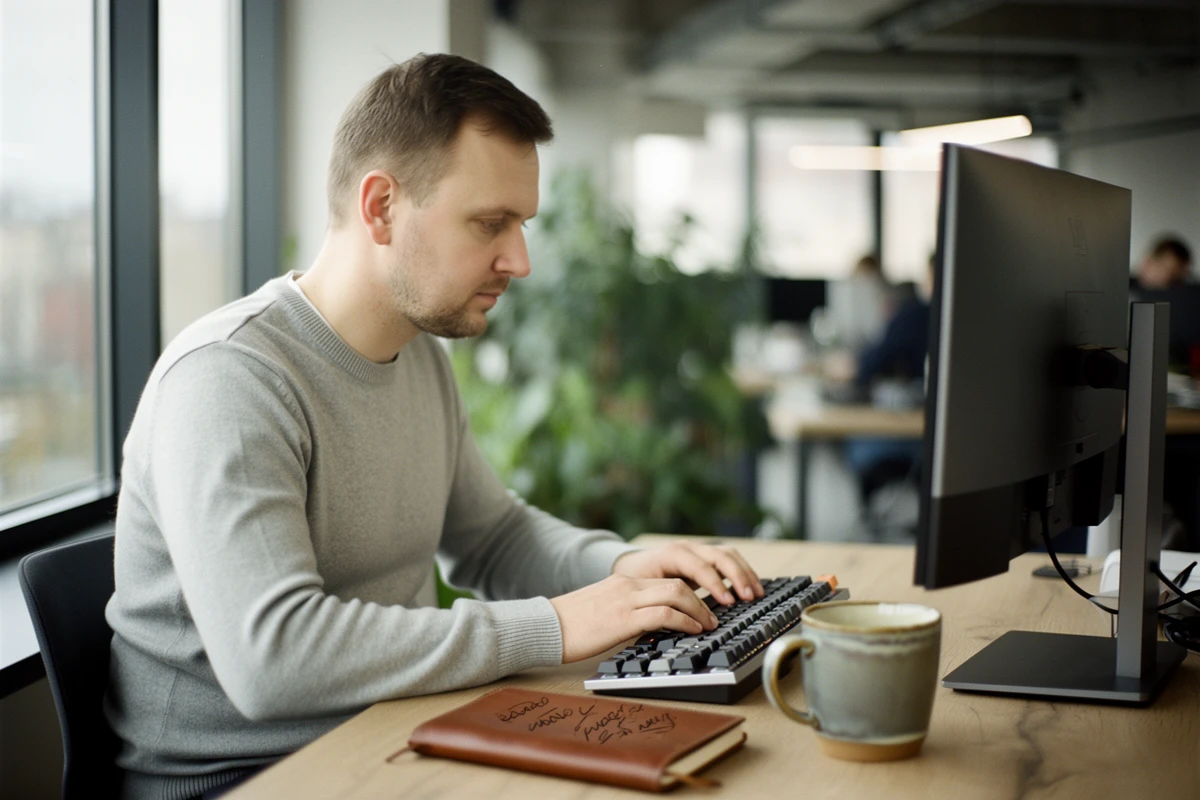 Inzynier Virtline konfiguruje load balancer dla serwerow web w nowoczesnym biurze IT